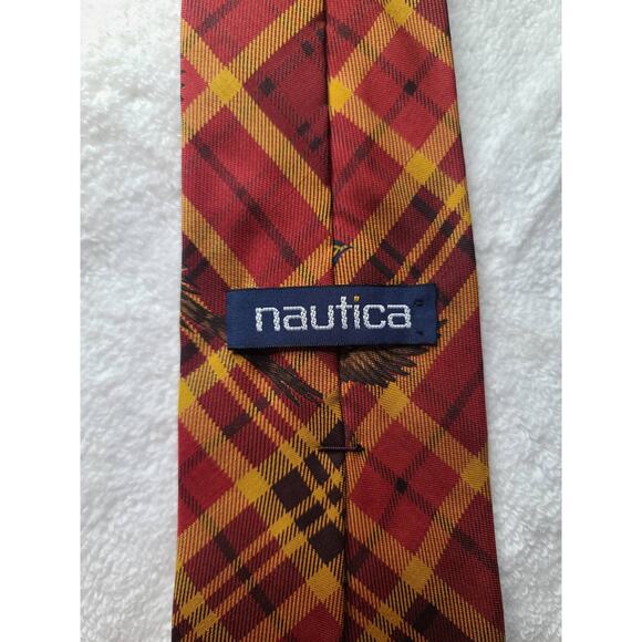 Nautica red yellow plaid pheasant bird silk tie - Picture 3 of 7